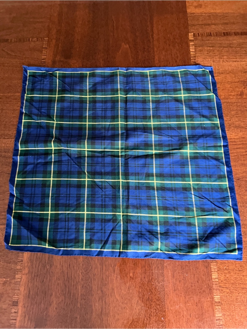 Source Unknown Blue and Green Plaid Pocket Square 17“ x 17“